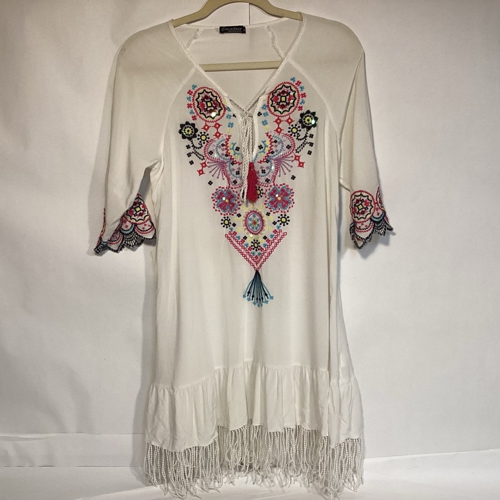 Ciao Milano Paris Embroidered mini dress fringed bottom Womens size medium
